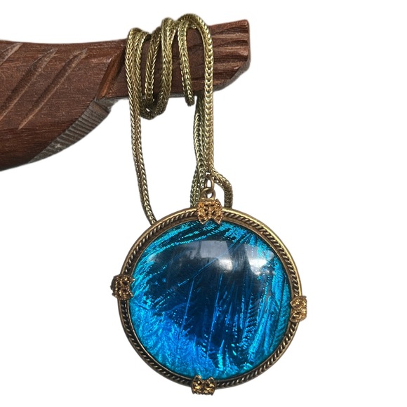 Jewelry - VINTAGE Blue morpho butterfly pendant and 18 in chain, made in Czechoslovakia